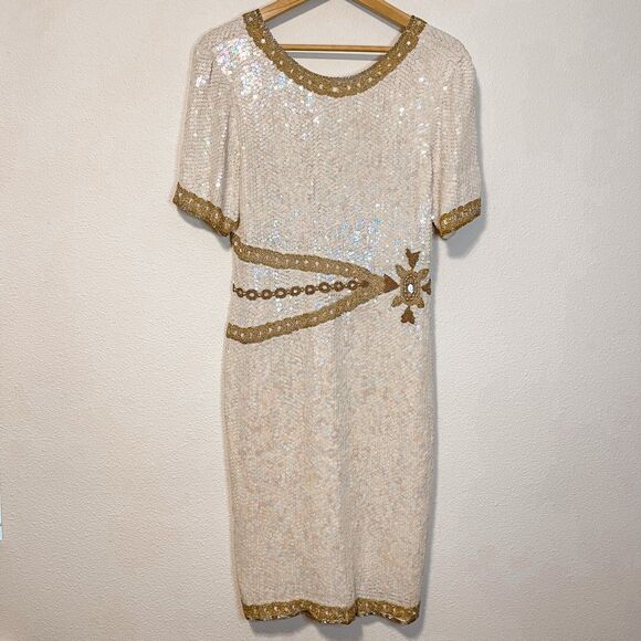 Vintage RARE Patra Iridescent Sequined White & Gold Beaded 100% Silk Dress Size - Picture 1 of 11